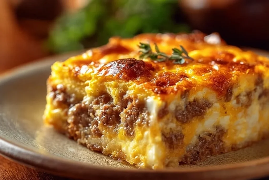 Delicious sausage and egg casserole baked to perfection with cheese and herbs.