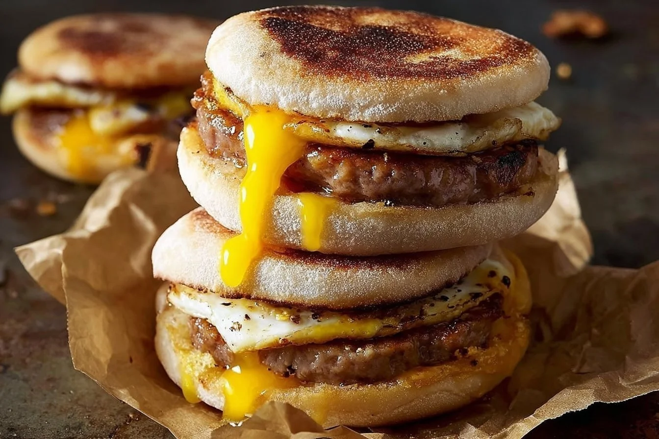 Sausage, Egg, & Cheese McMuffin 4 Sausage Egg Cheese McMuffin with fresh ingredients and golden English muffin