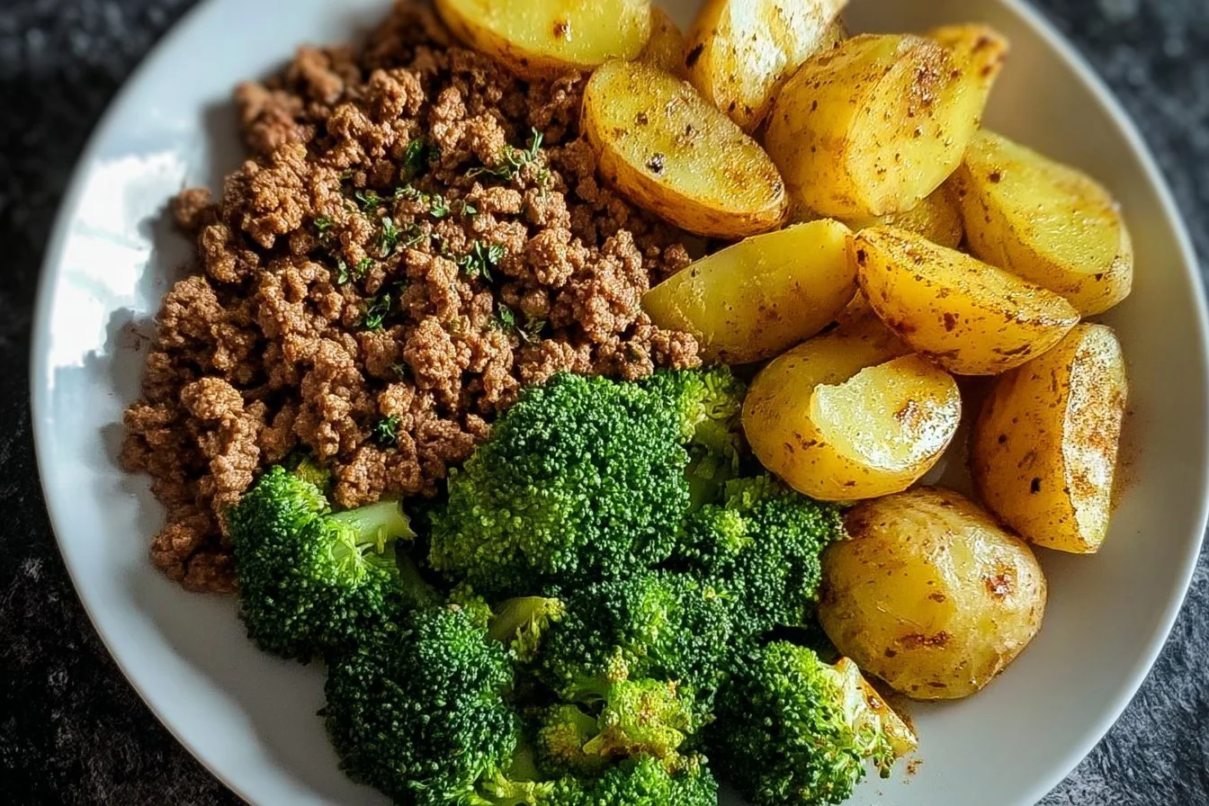 Savory ground beef served with herb-roasted potatoes and steamed broccoli
