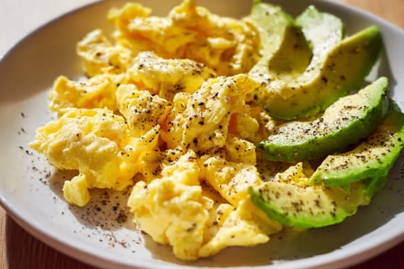 Plate of creamy scrambled eggs topped with sliced avocado
