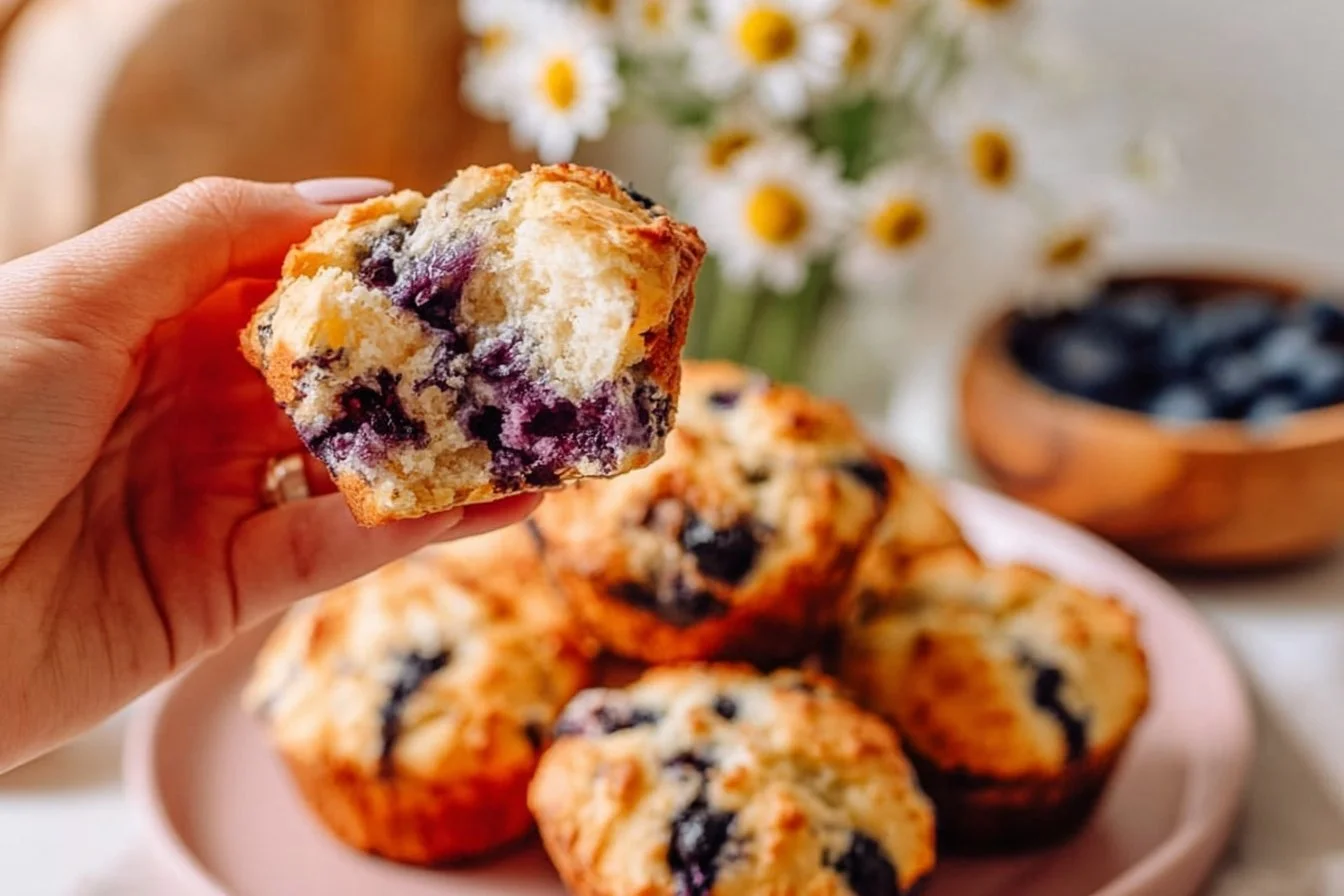 Simple Sourdough Blueberry Muffins 4 Freshly baked sourdough blueberry muffins on a rustic wooden table.