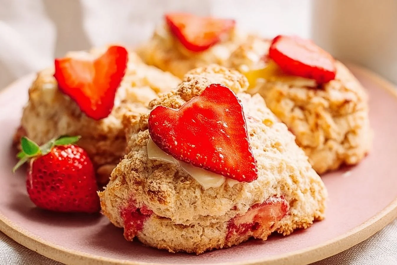 Freshly baked strawberry banana scones on a plate