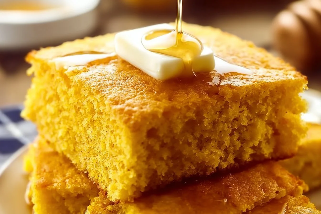 Slice of sweet potato cornbread served on a wooden plate