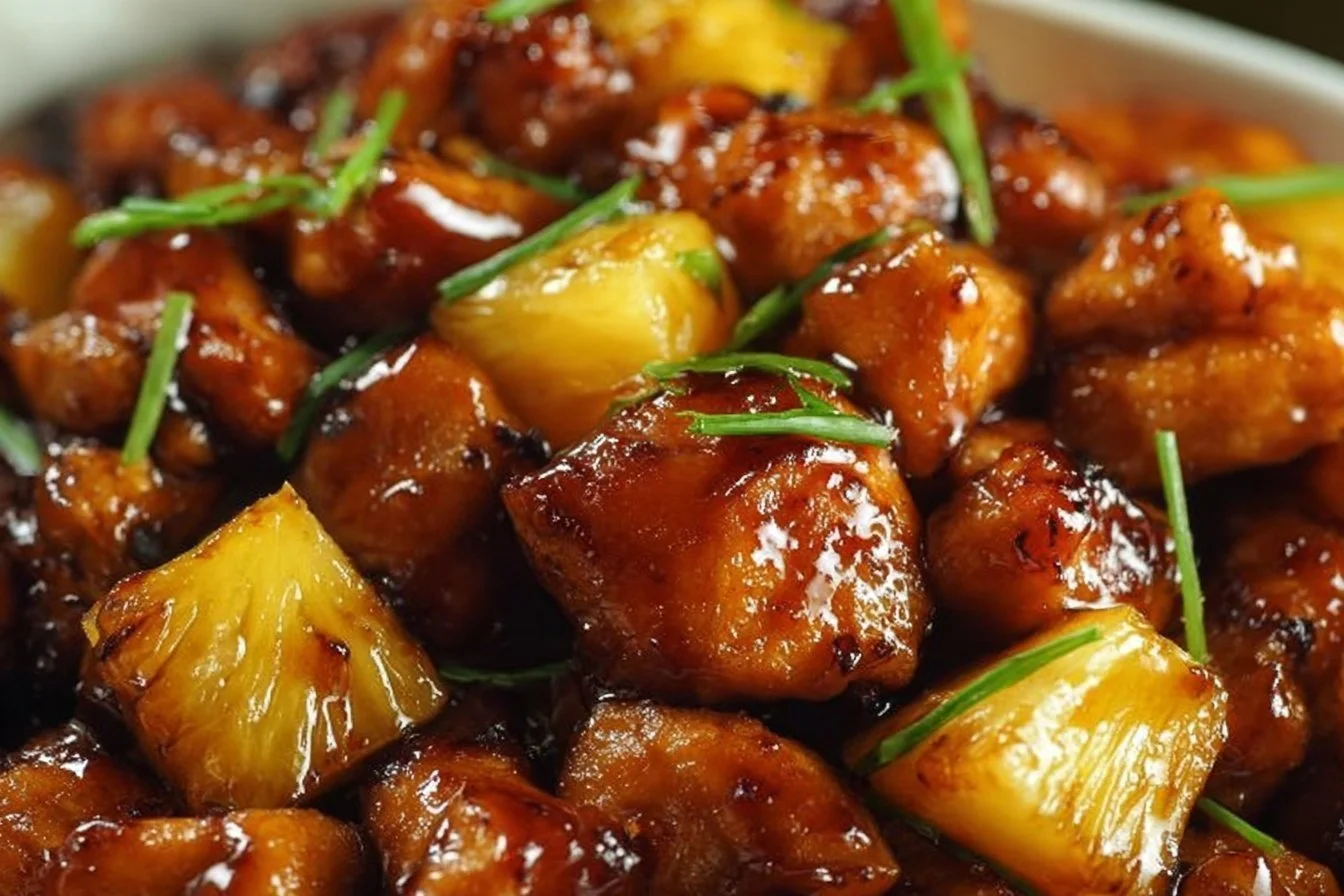 Sweet and sticky pineapple bourbon chicken served on a plate