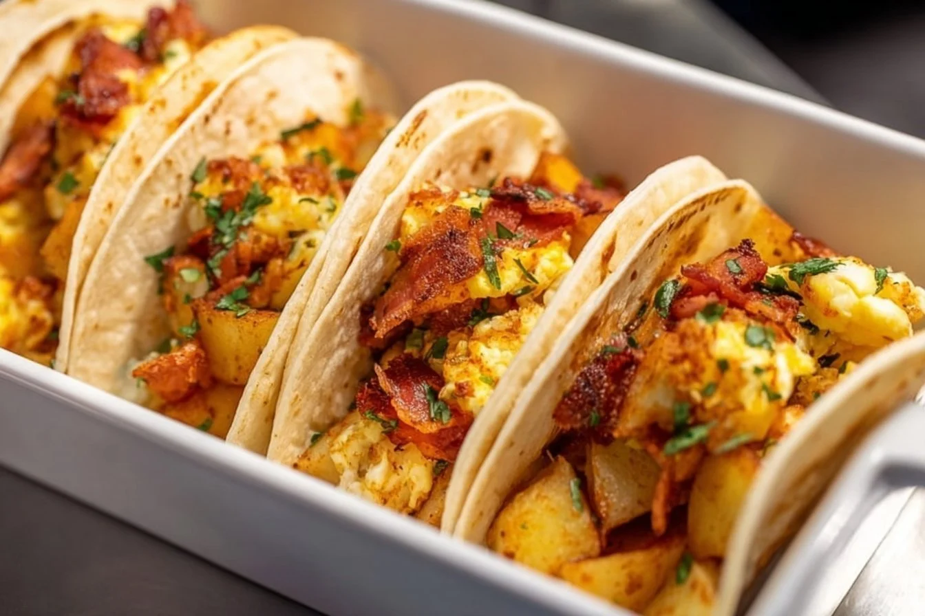 Tasty Baked Breakfast Tacos 4 Delicious baked breakfast tacos ready to serve with fresh toppings.