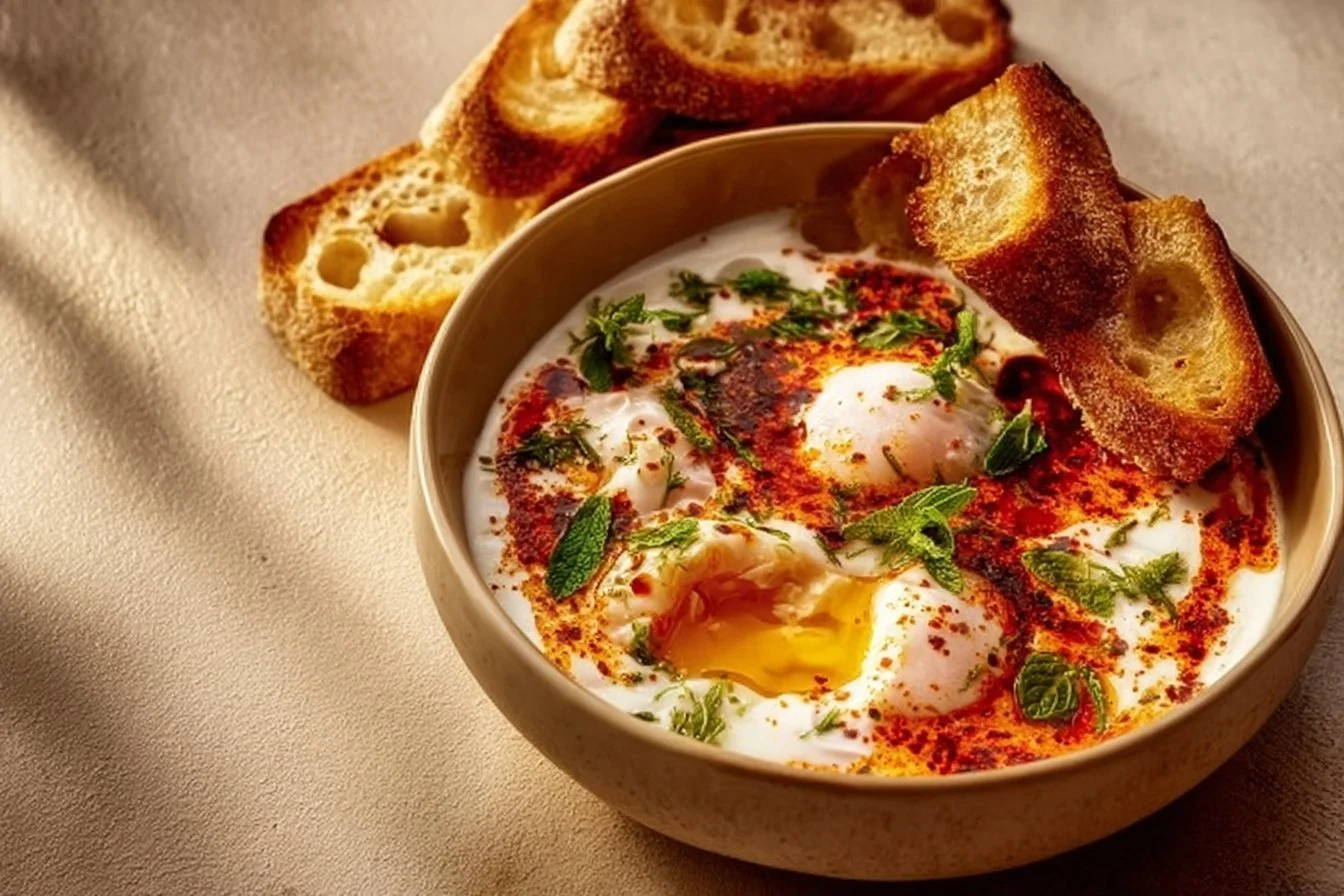 Turkish Eggs (Çılbır) served with herbed yogurt on a plate.