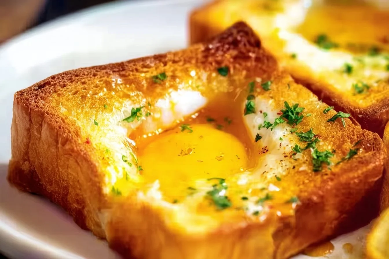 Delicious air fryer egg toast served on a plate with fresh herbs.