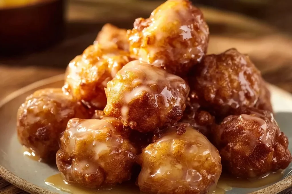 Crispy and sweet Apple Fritter Bites topped with glaze