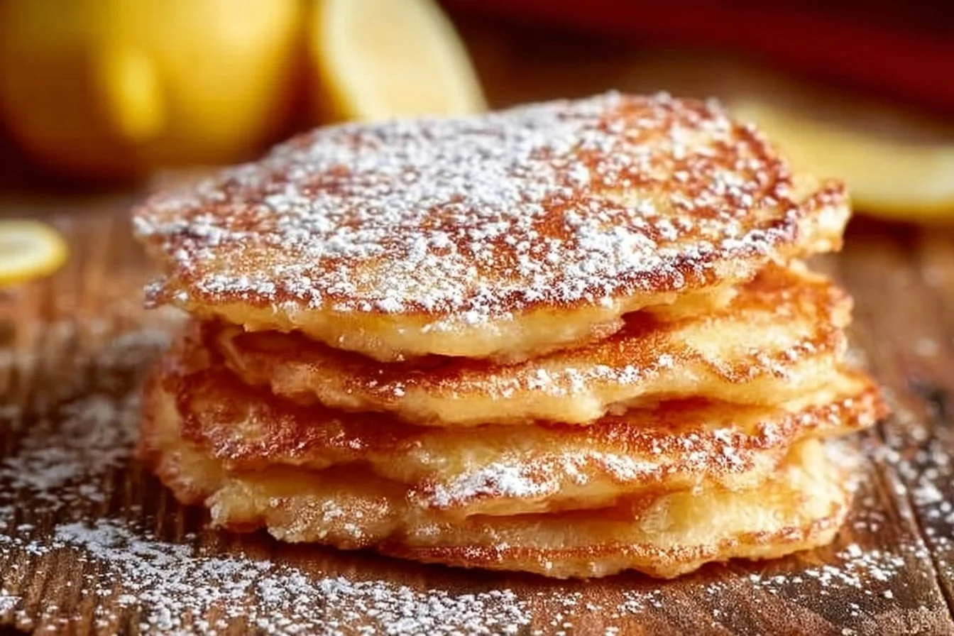 Stack of apple yogurt pancakes topped with fresh apples and syrup