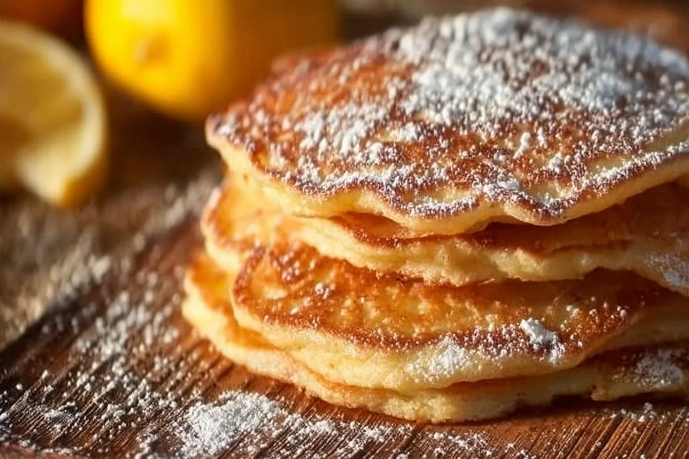 Golden-brown apple yogurt pancakes topped with fresh apples and syrup