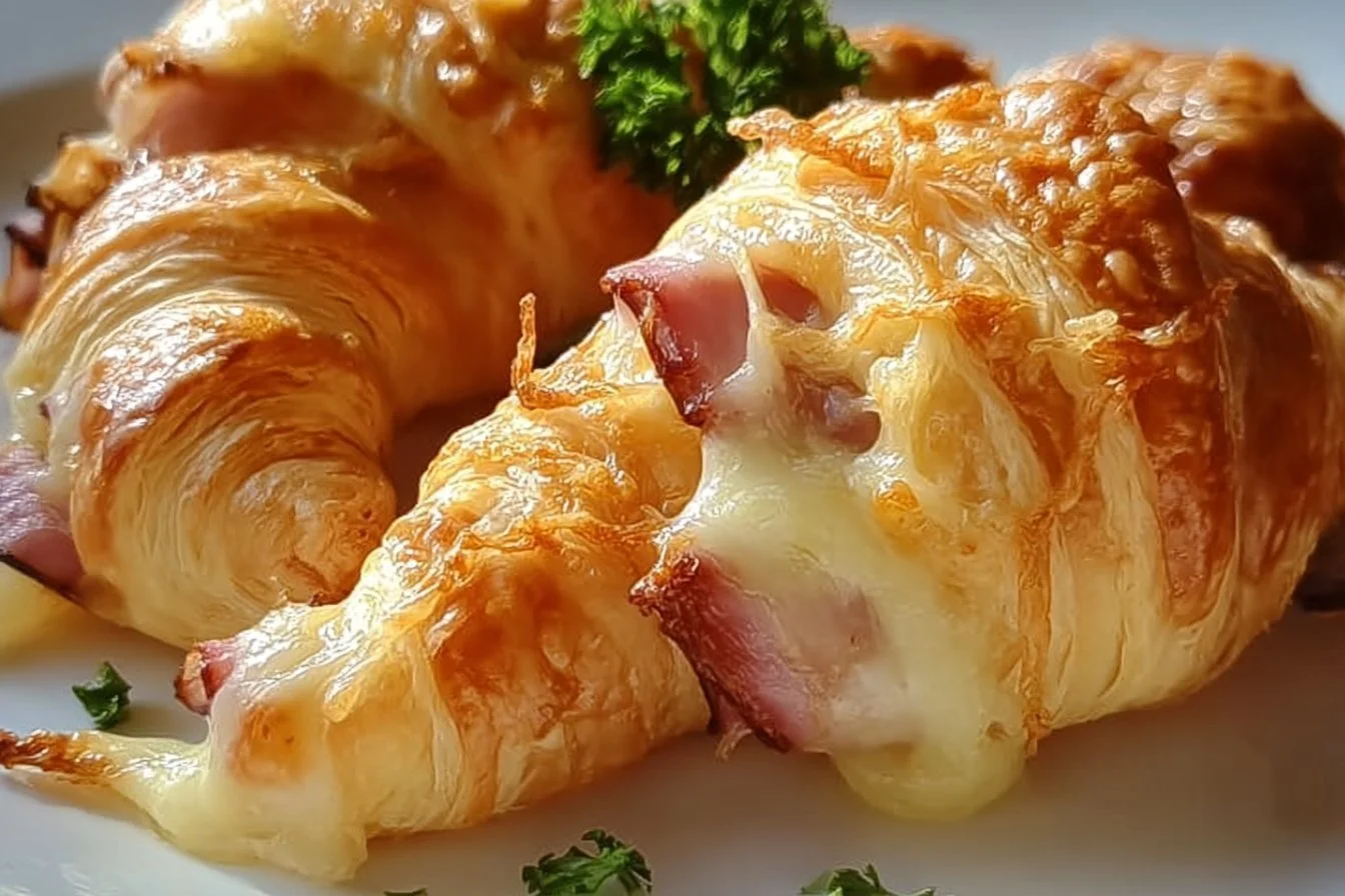 Delicious baked ham and cheese croissants fresh out of the oven