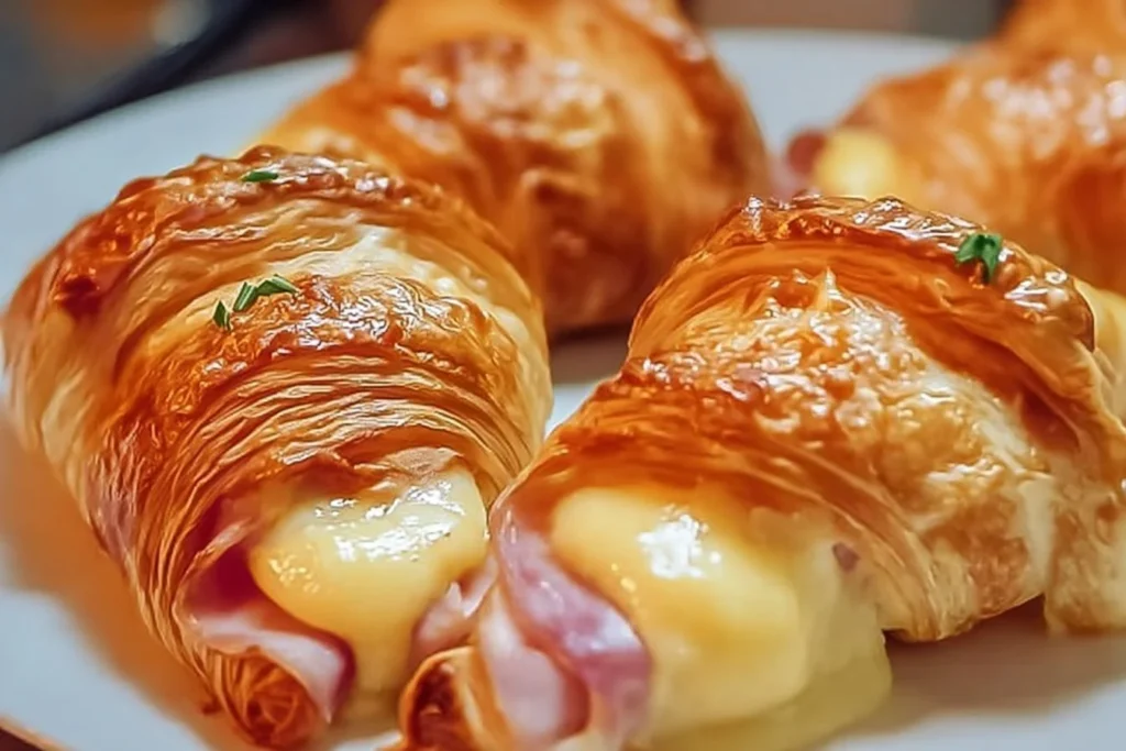 Baked ham and cheese croissants fresh out of the oven with a golden flaky crust.