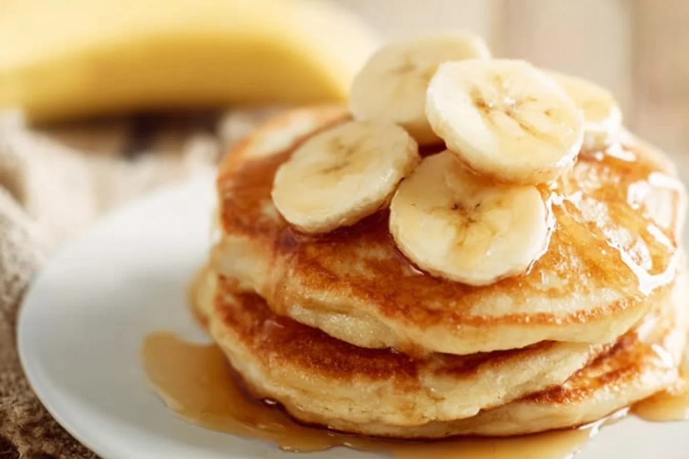 Delicious homemade banana pancakes on a plate with syrup and fresh bananas