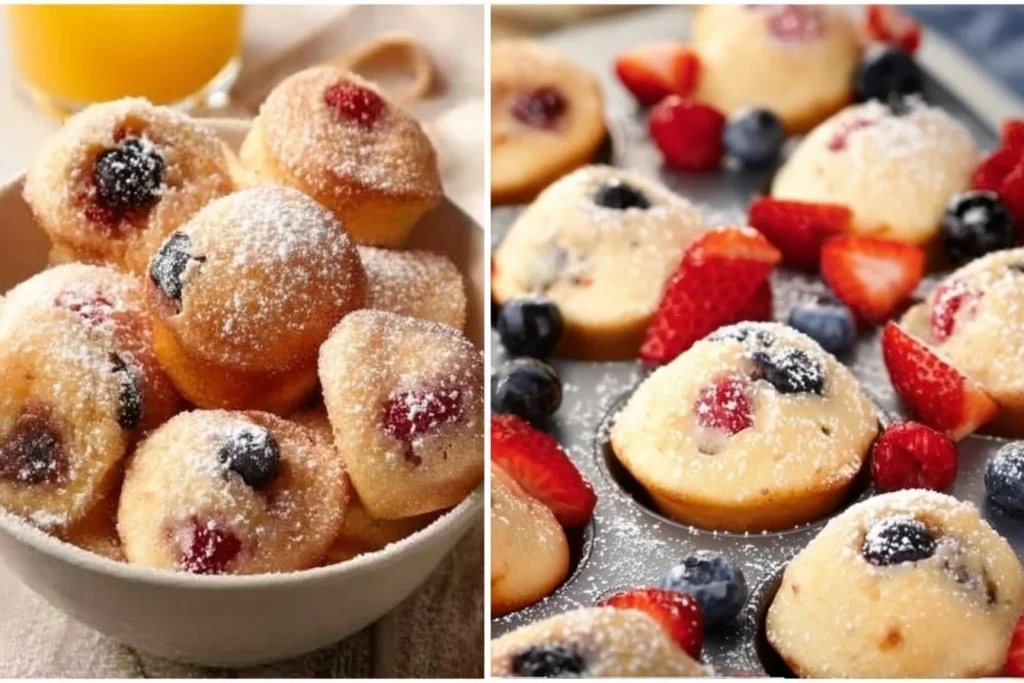 Berry protein pancake bites stacked on a plate topped with fresh berries.