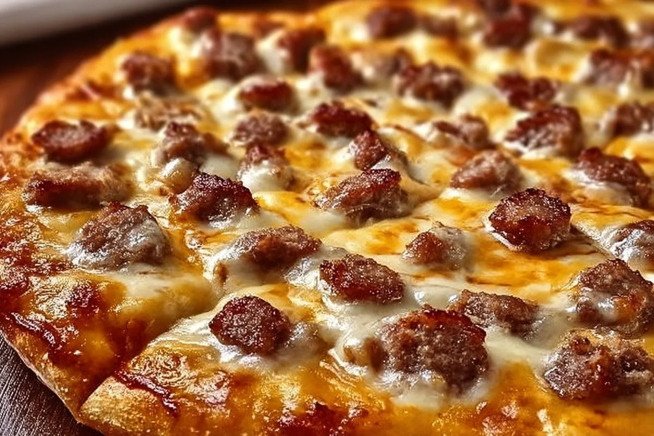 Delicious biscuits and sausage gravy breakfast pizza topped with cheese and herbs
