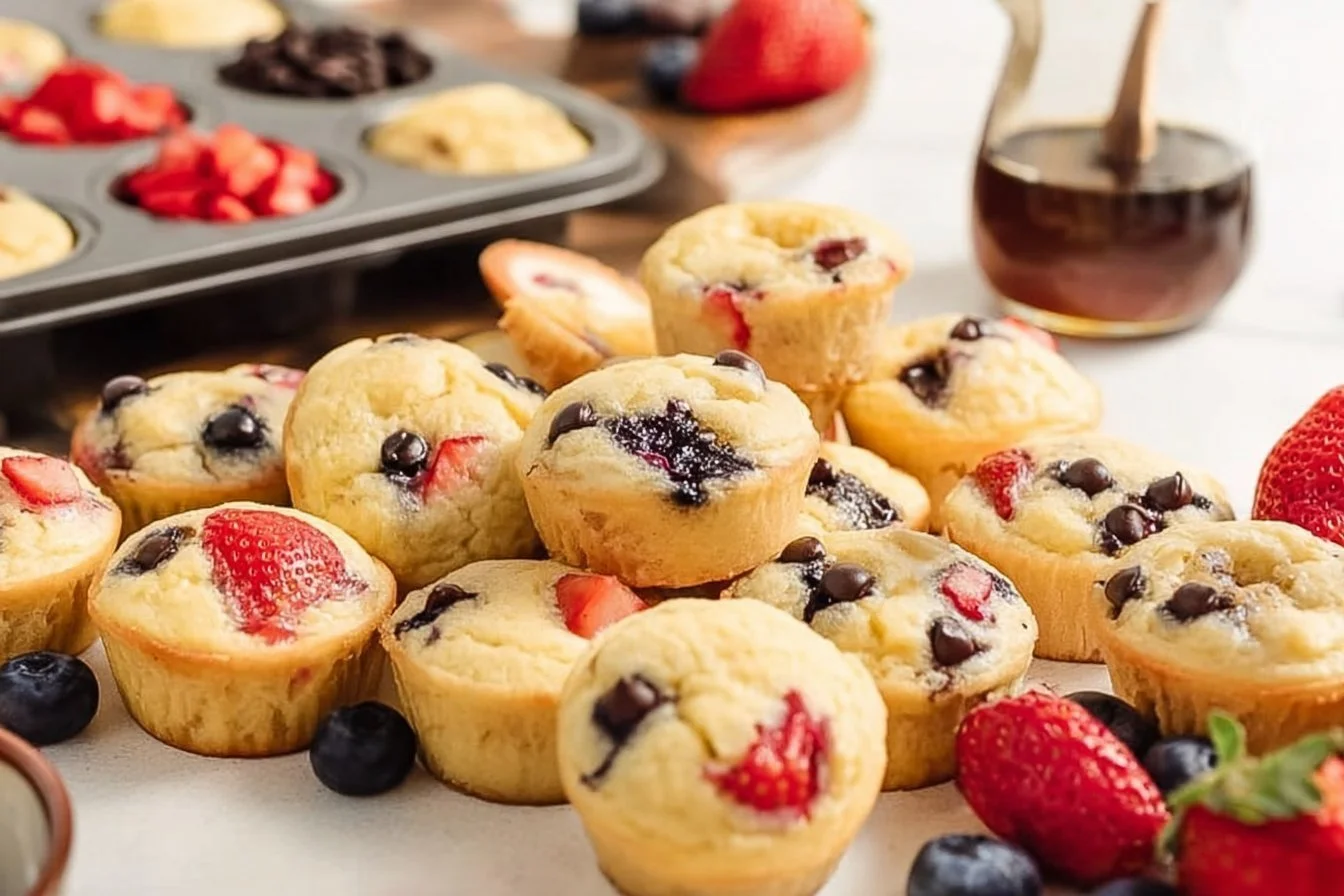 Bite-Sized Pancake Mini Muffins 5 Bite-sized pancake mini muffins on a plate, ideal for breakfast or snacks.