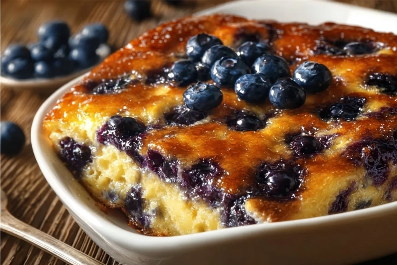Blueberry Buttermilk Pancake Casserole fresh out of the oven