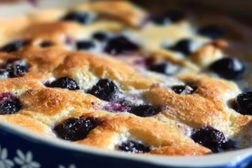 Blueberry Buttermilk Pancake Casserole served in a baking dish