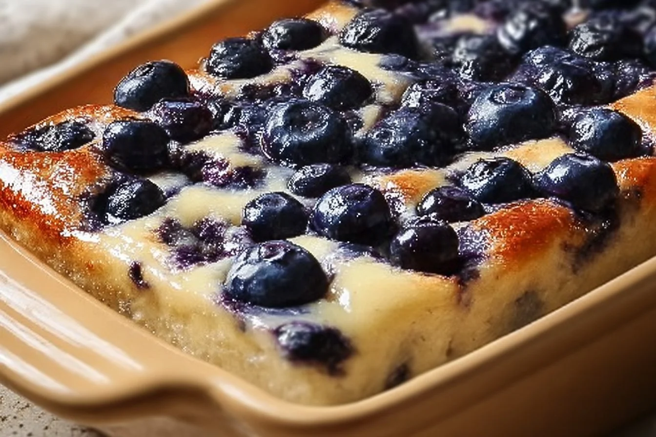 Blueberry cottage cheese breakfast bake in a baking dish with fresh blueberries