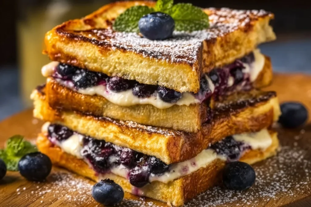 Delicious blueberry stuffed French toast topped with fresh berries and syrup
