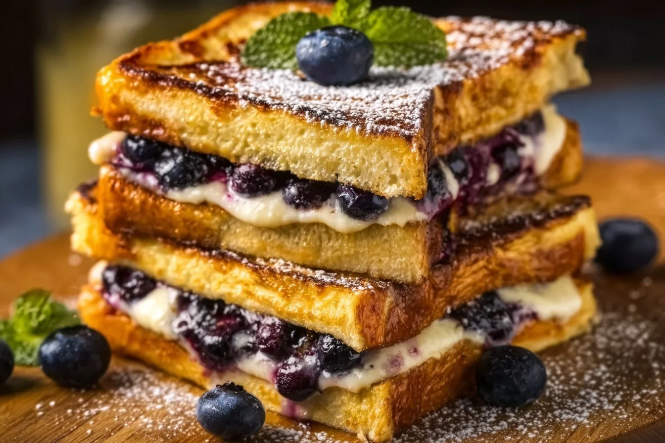 Delicious blueberry stuffed French toast topped with fresh berries and syrup
