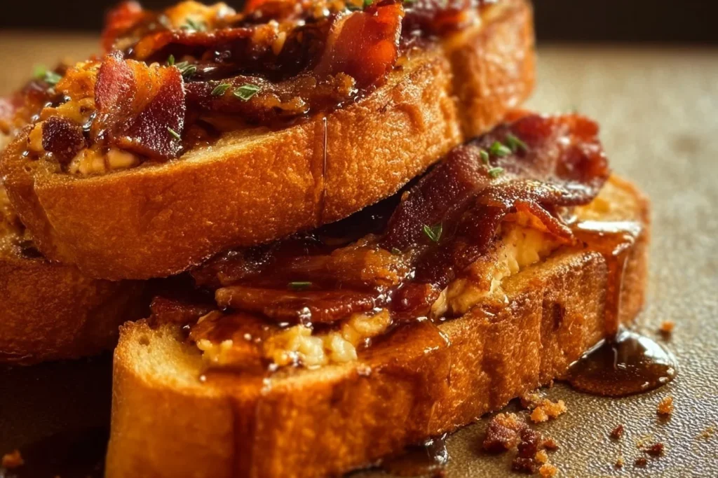Delicious Bourbon Maple Bacon Stuffed Toast served on a plate