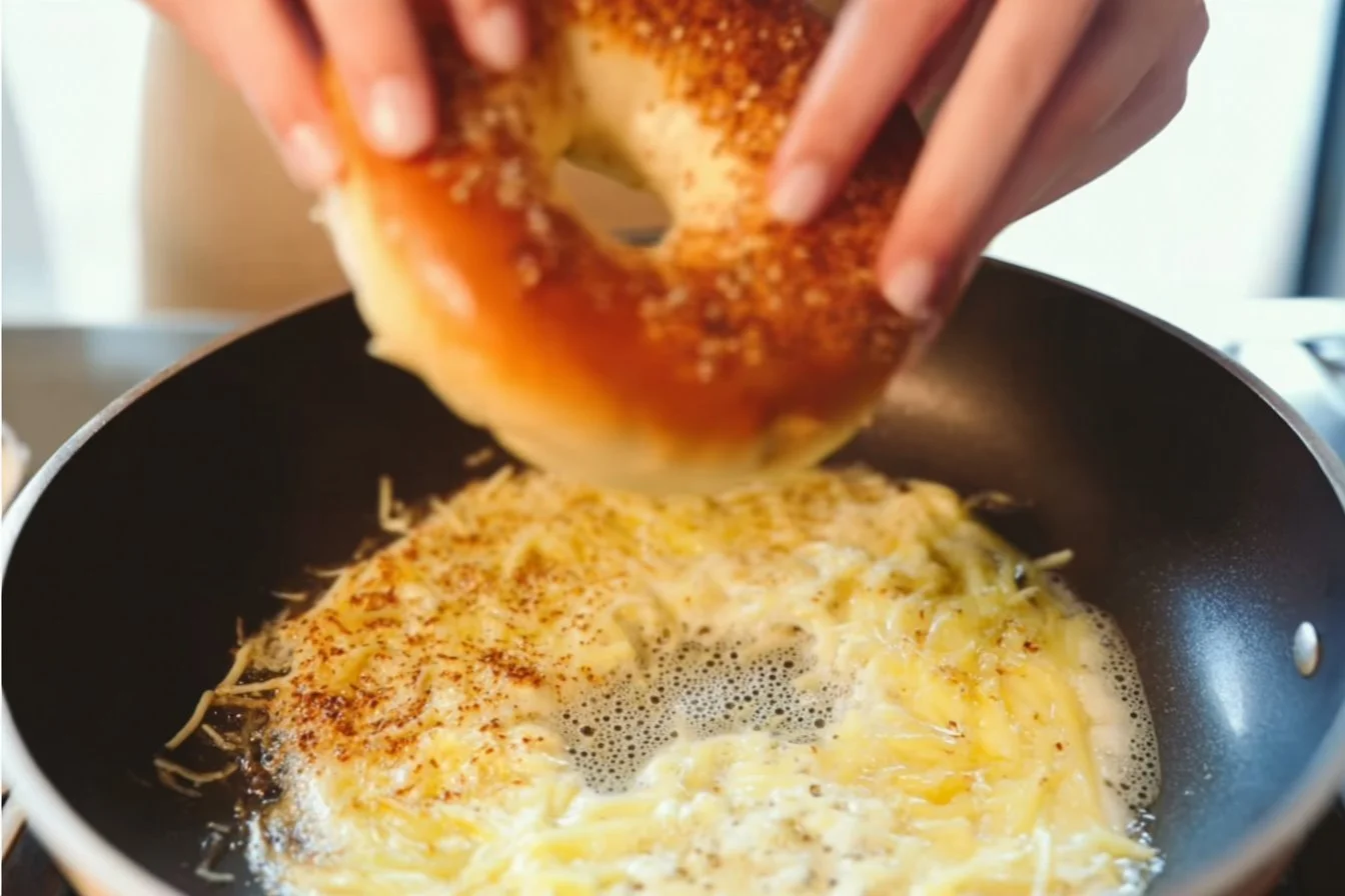 Delicious breakfast bagel sandwich with fresh ingredients stacked high