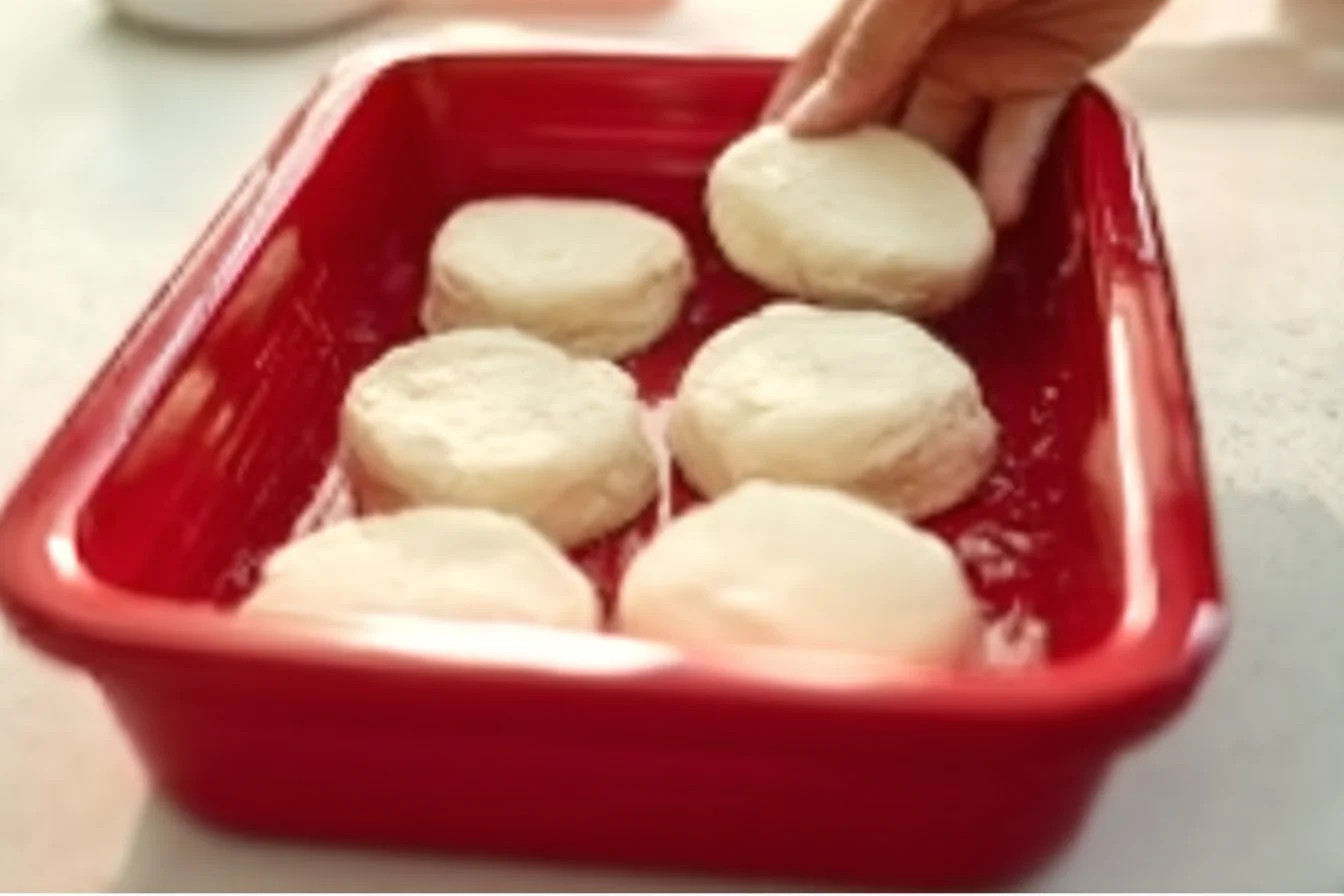 Delicious Breakfast Biscuit Casserole served with eggs and cheese