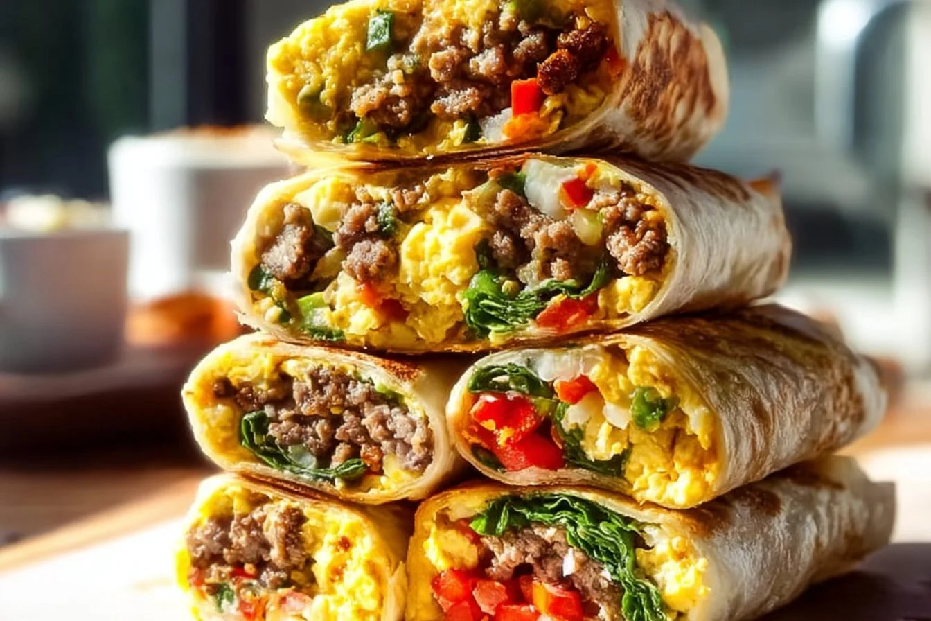Plate of delicious breakfast burritos made with eggs, cheese, and veggies