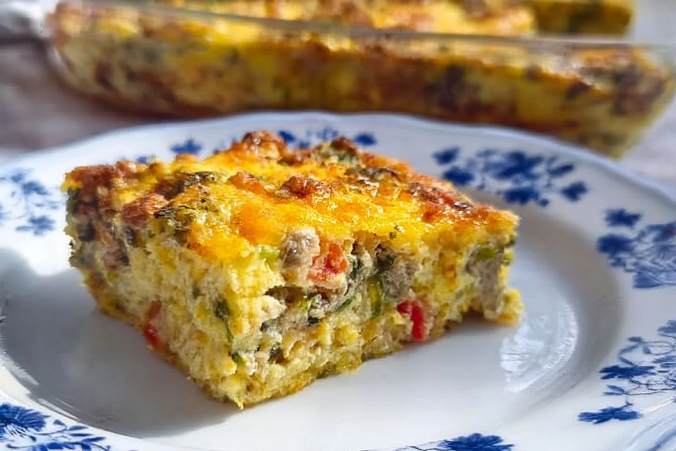 Delicious homemade breakfast casserole with eggs, cheese, and vegetables.