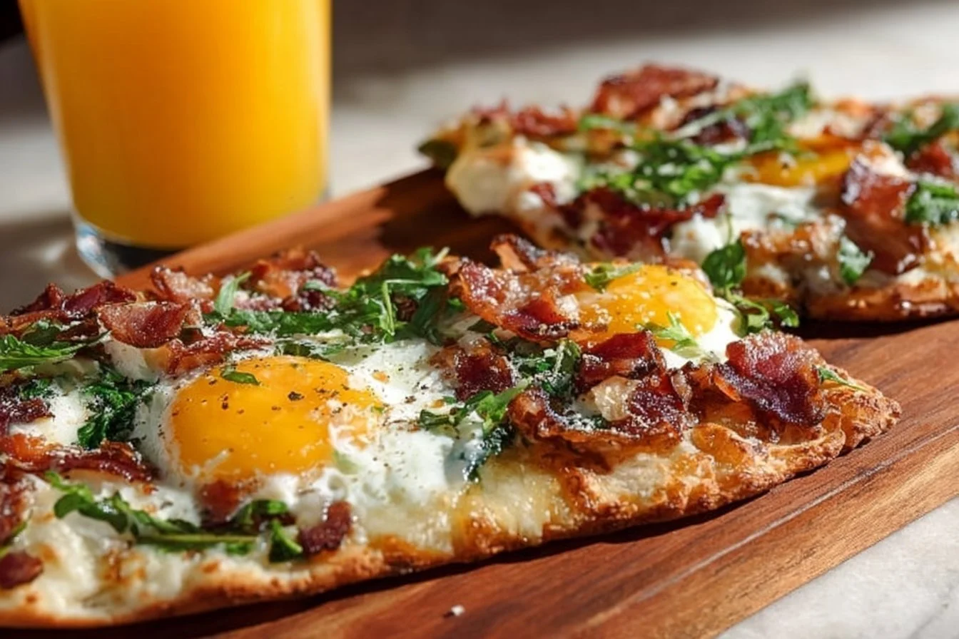 Breakfast Flatbreads 4 Delicious breakfast flatbreads topped with fresh ingredients and herbs.