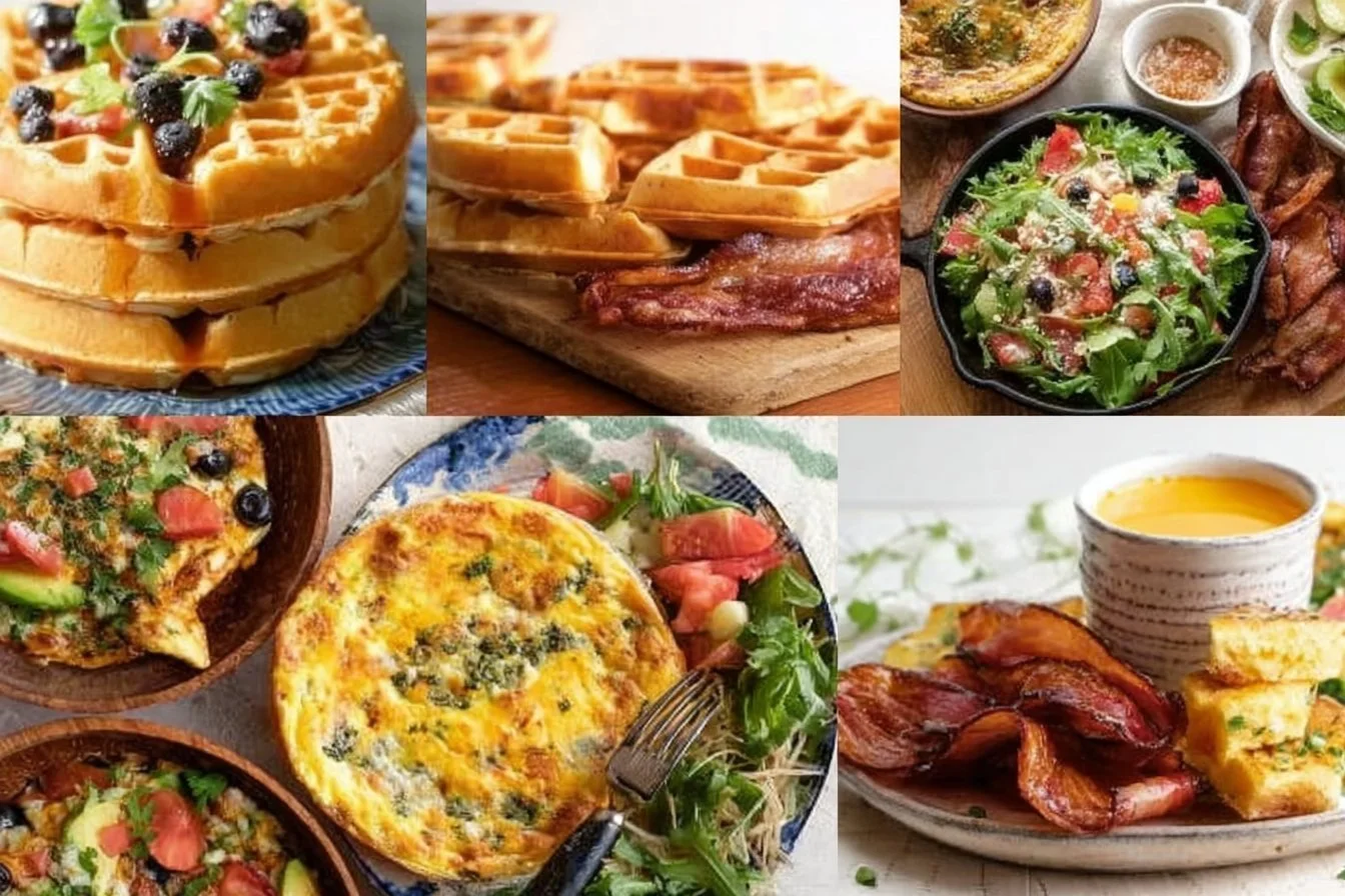 Delicious breakfast dishes served for dinner, featuring eggs, pancakes, and bacon.