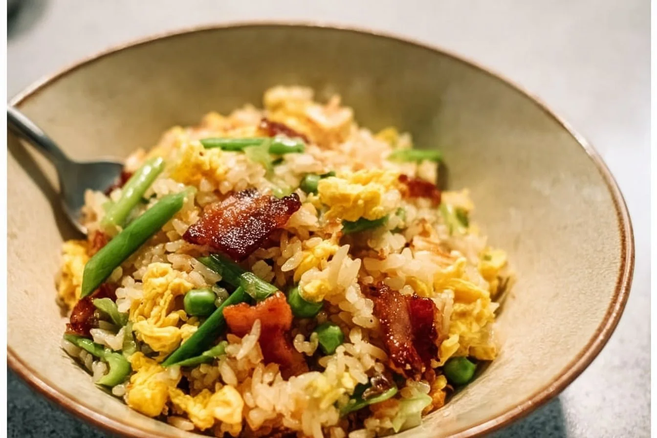 Delicious breakfast fried rice topped with eggs and vegetables in a bowl