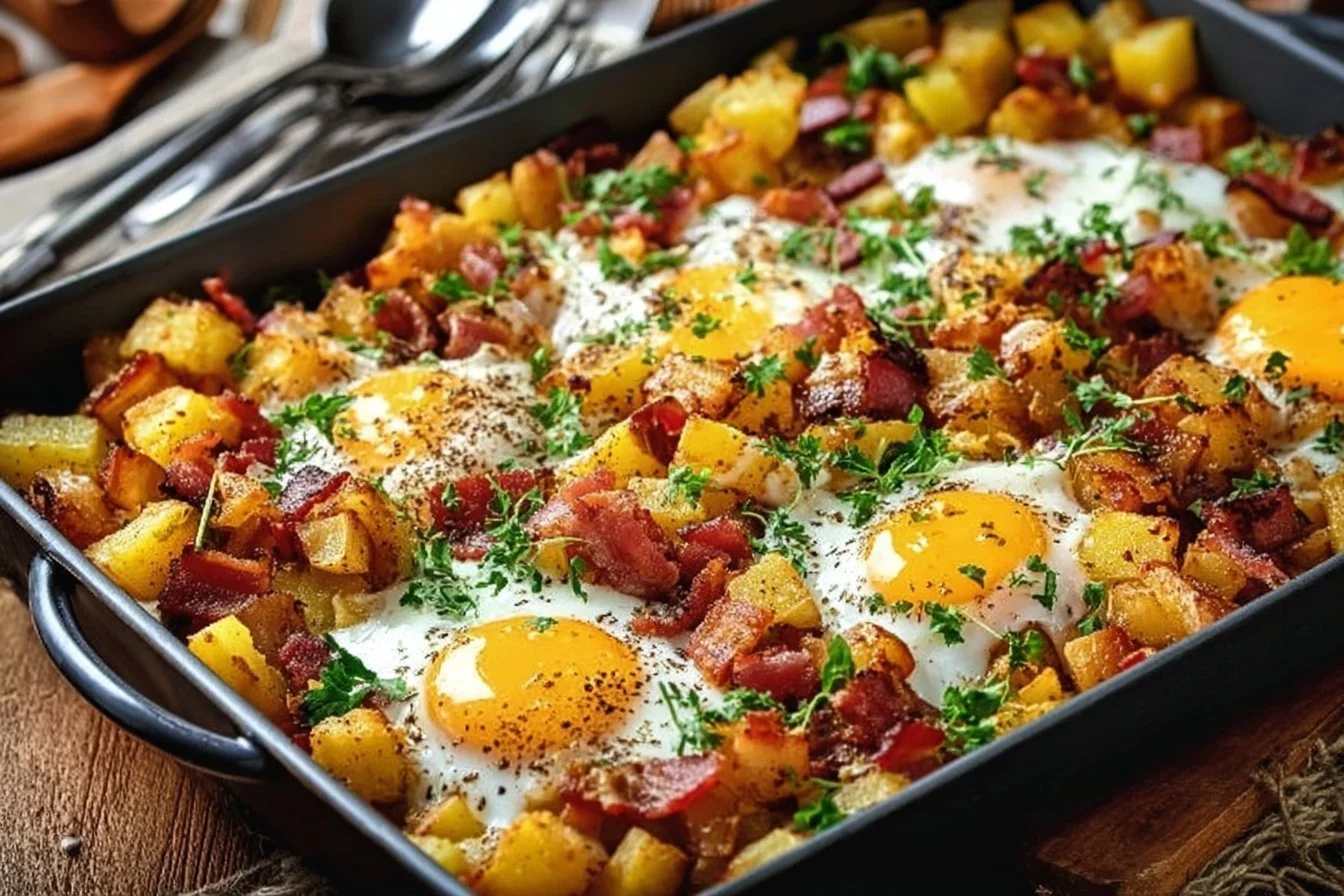 Delicious breakfast hash with potatoes, vegetables, and eggs served in a skillet