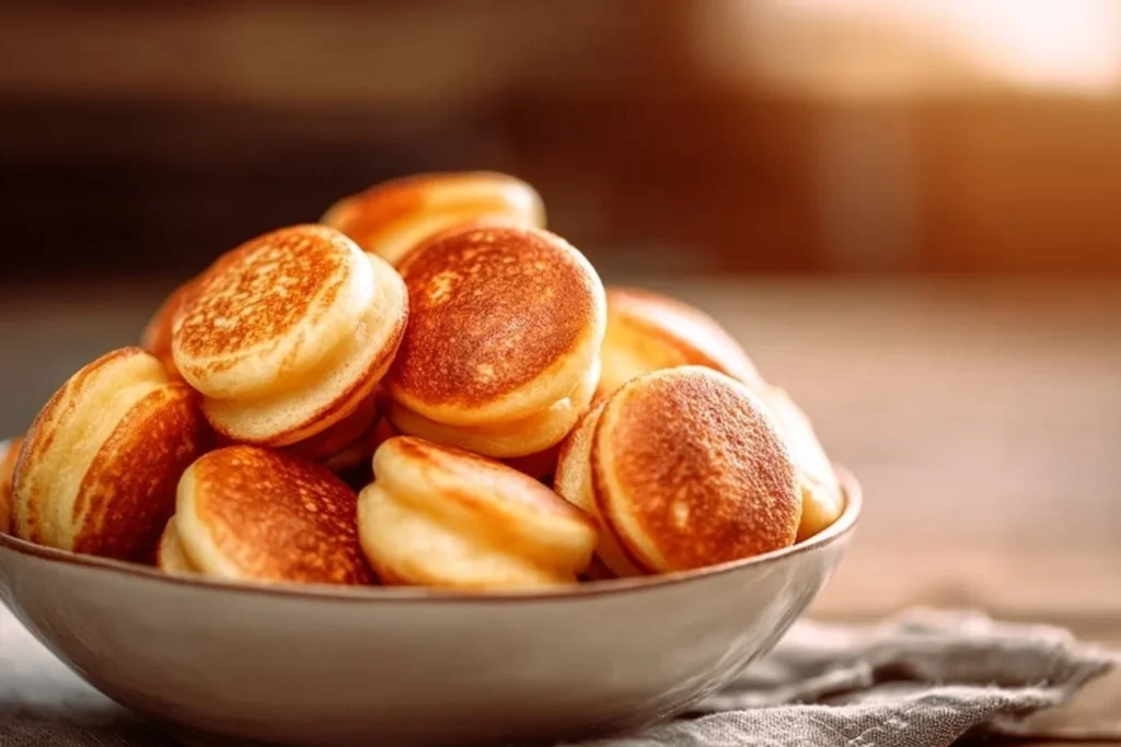 Plate of fluffy breakfast pancake poppers with syrup and berries