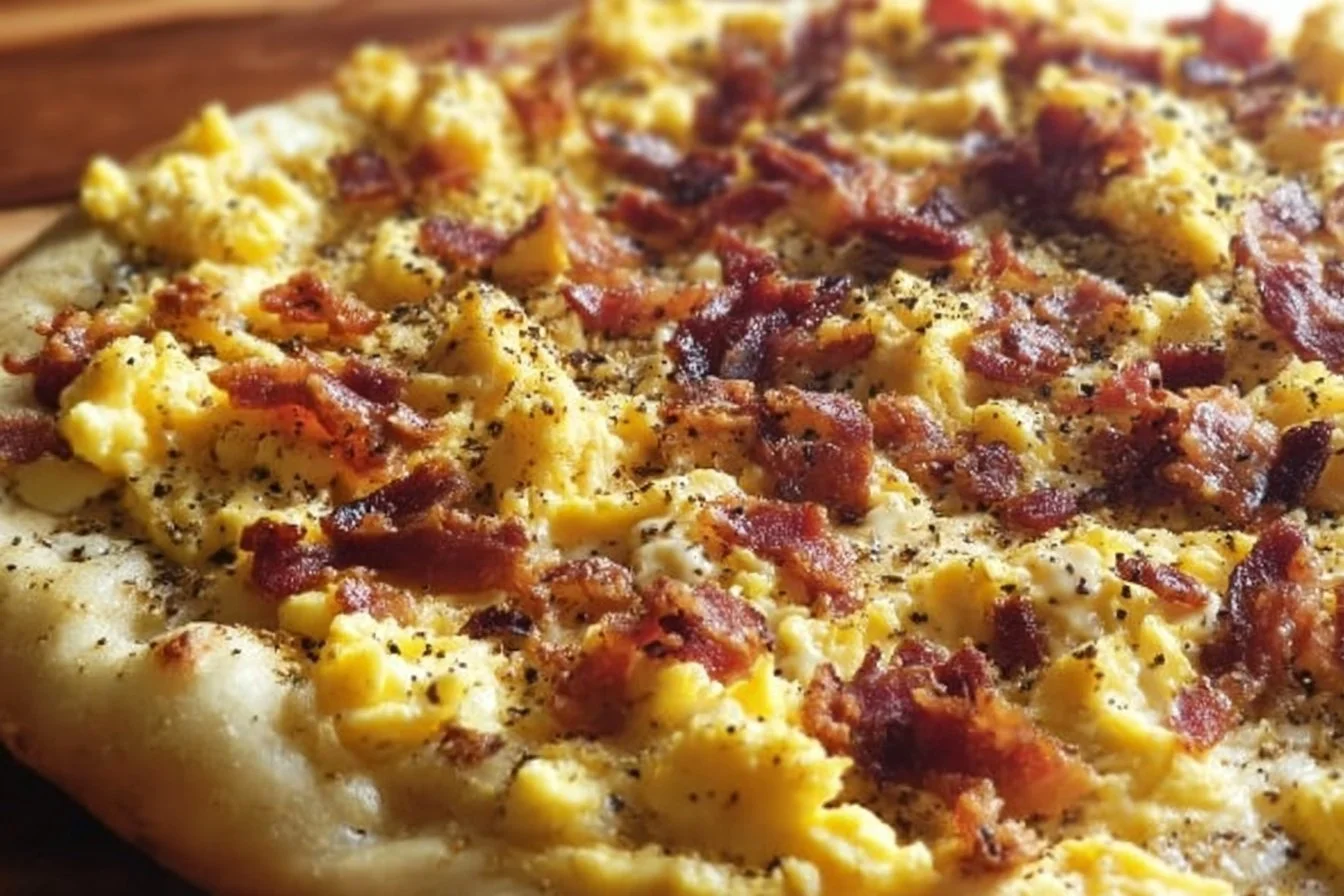 Delicious breakfast pizza topped with eggs, cheese, and vegetables