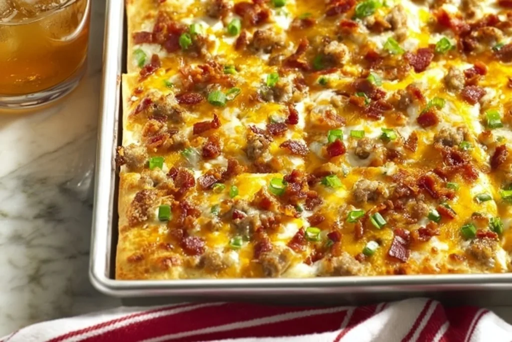 Delicious Breakfast Pizza topped with eggs, cheese, and vegetables