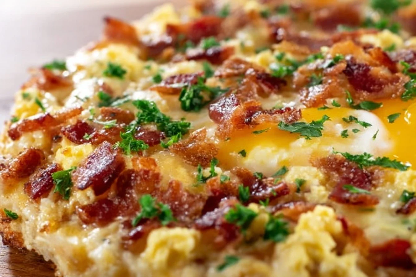 Breakfast Pizza 5 Delicious breakfast pizza topped with eggs, cheese, and bacon.