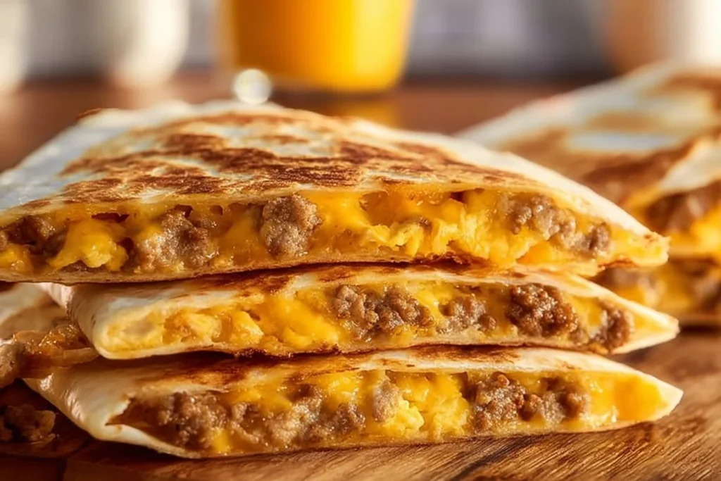 Deliciously cheesy Breakfast Quesadillas with eggs and vegetables