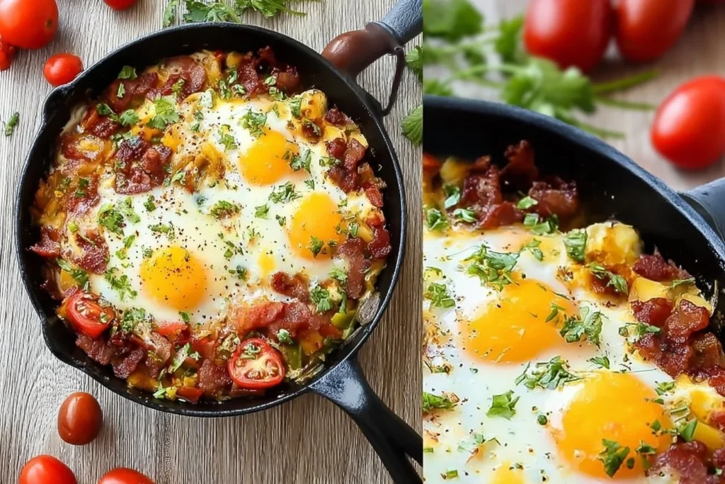 Delicious breakfast skillet with eggs, veggies, and crispy potatoes