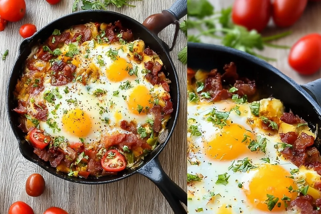 Delicious breakfast skillet with eggs, veggies, and crispy potatoes