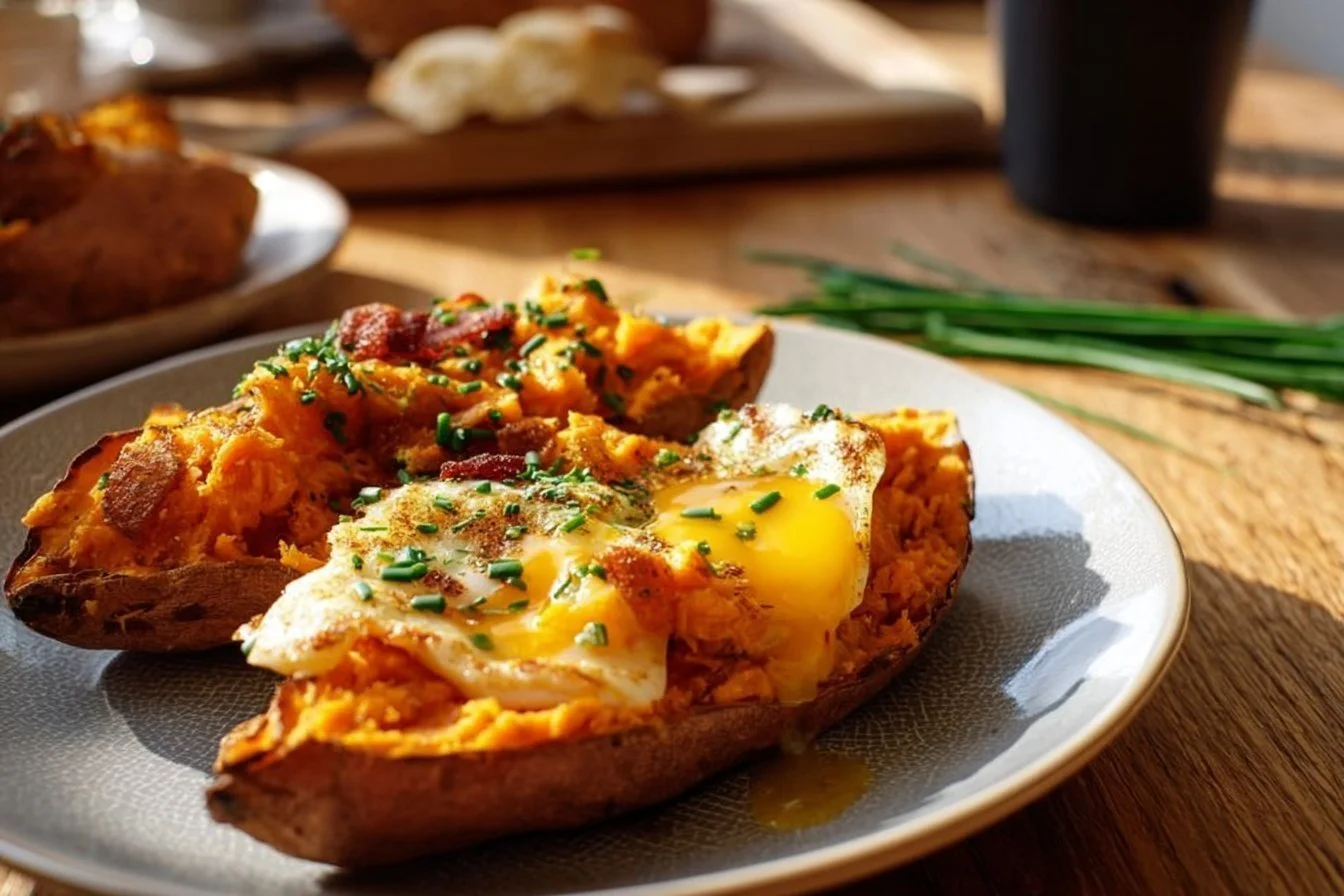 Breakfast Sweet Potato Bake with Eggs and Bacon 4 Breakfast sweet potato bake with eggs and bacon, a hearty morning dish.