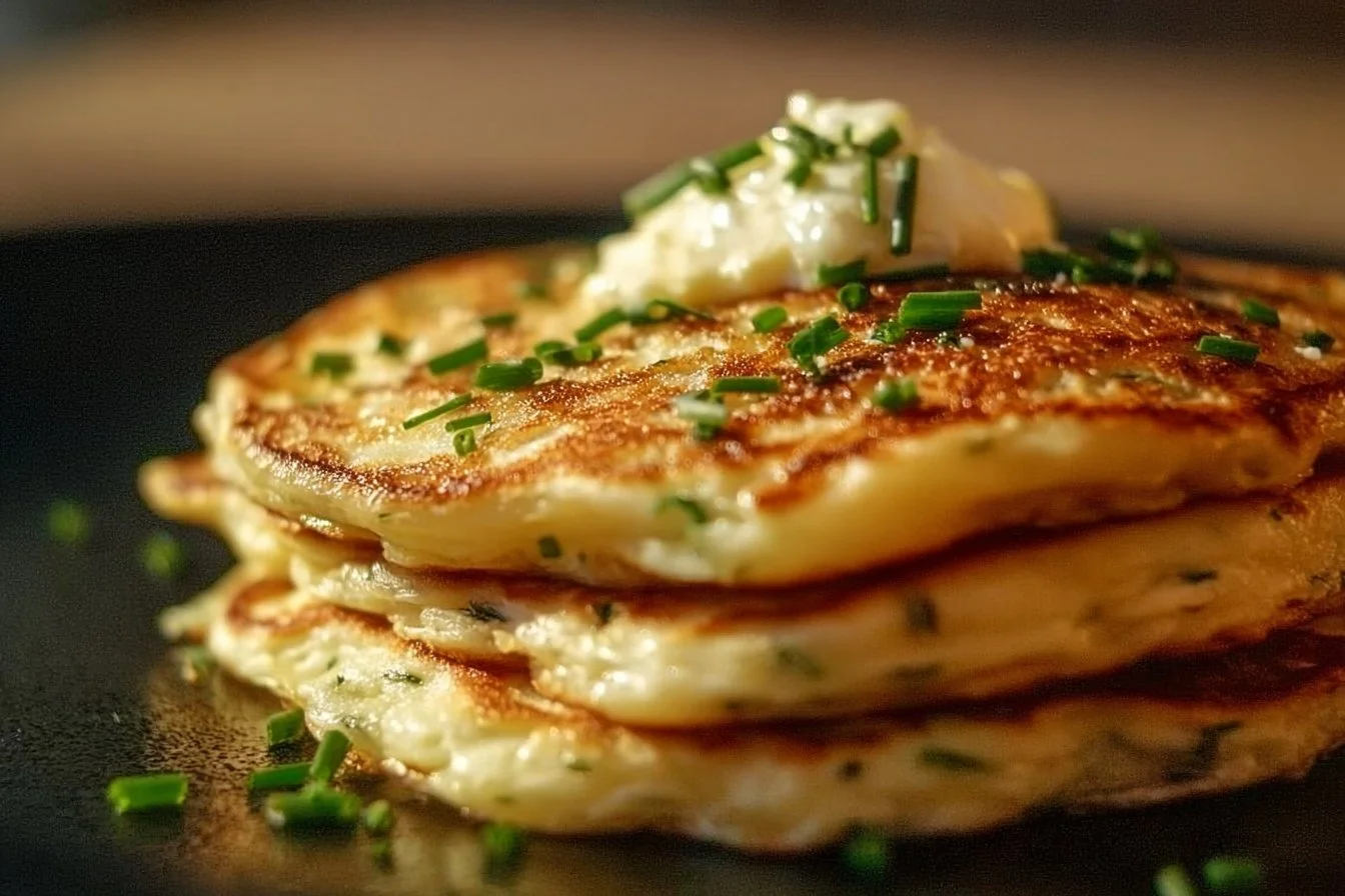 Delicious Cheese and Chive Pancakes on a plate, garnished with fresh herbs.