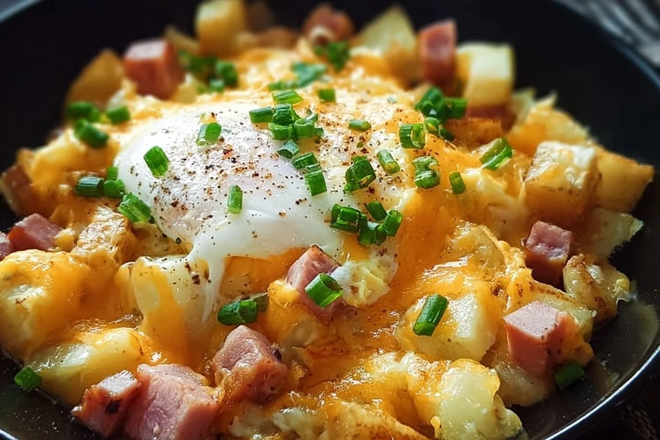 Cheesy potato egg scramble served in a bowl with herbs on top