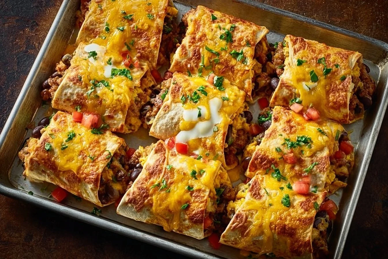 Cheesy Sheet Pan Breakfast Burritos 4 Cheesy sheet pan breakfast burritos ready to serve.