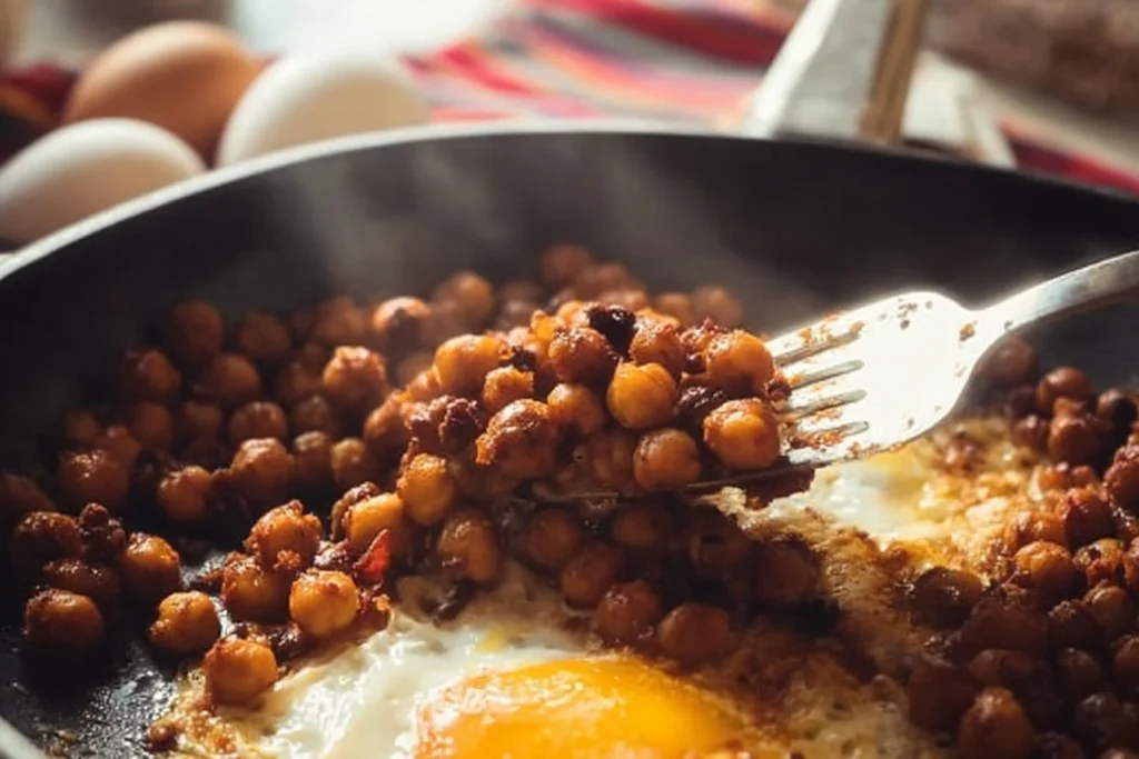 Plate of chickpea fried eggs with herbs and spices, healthy breakfast option