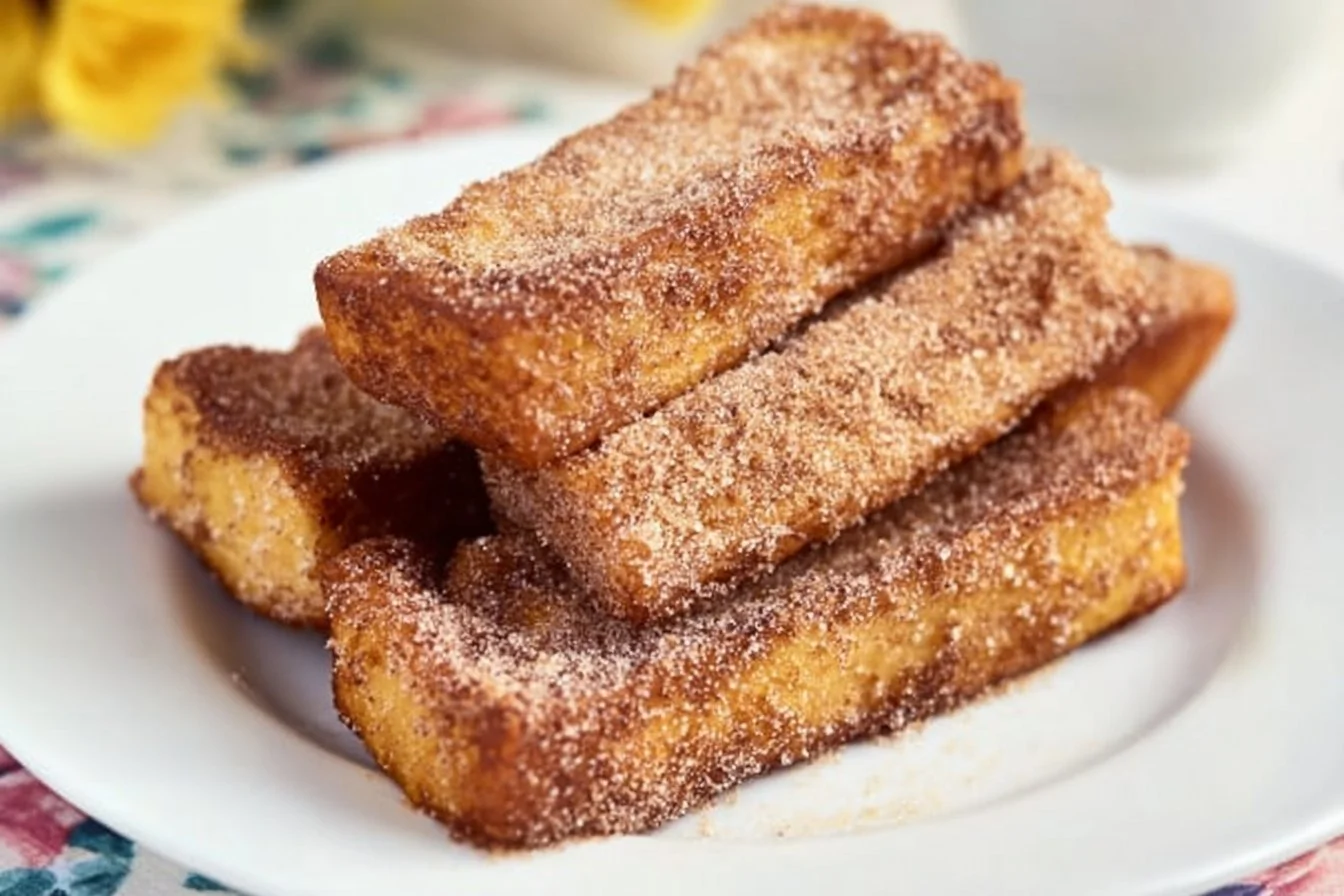 Delicious Cinnamon French Toast Sticks topped with syrup and powdered sugar