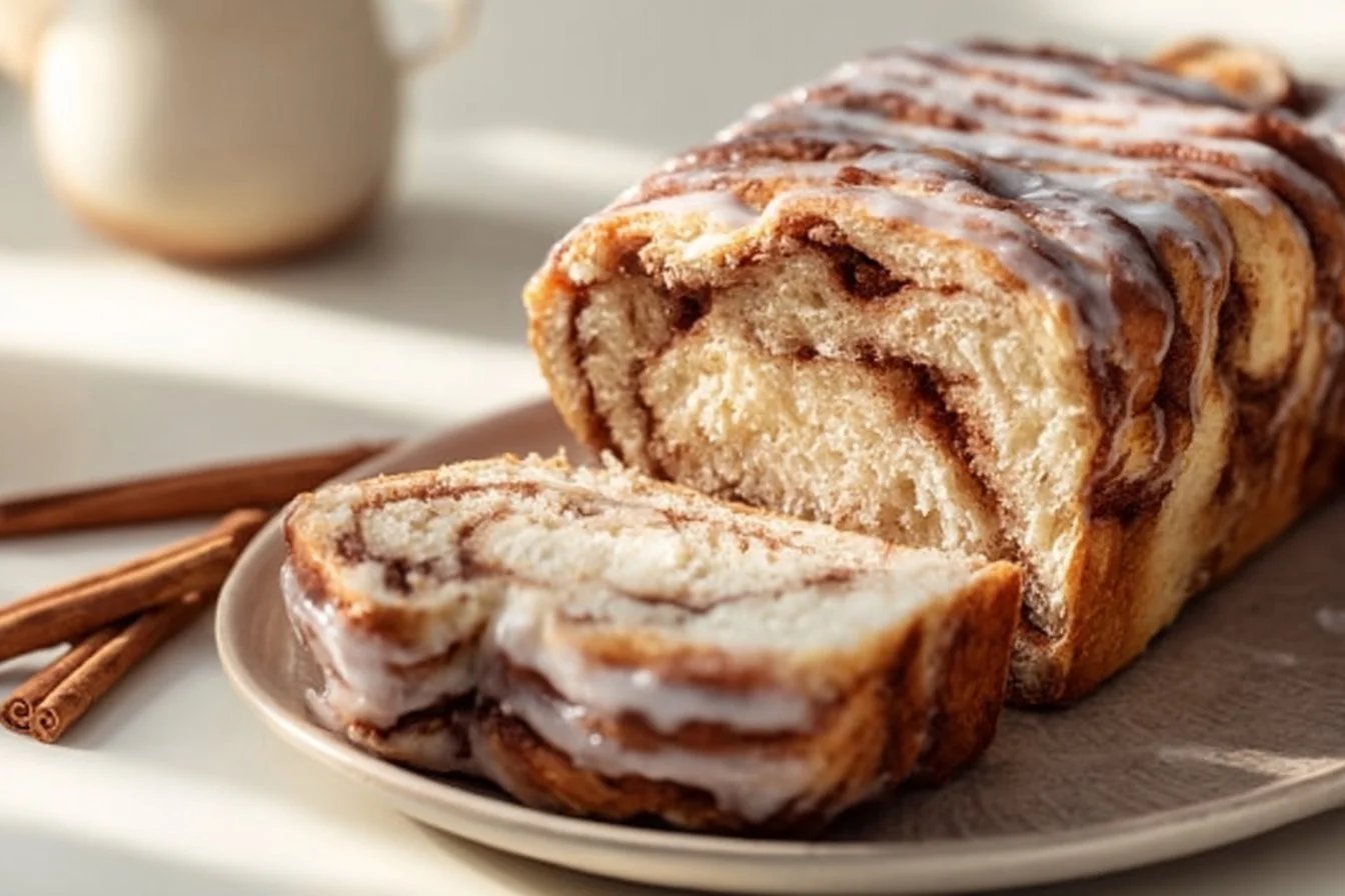 Cinnamon Roll Cottage Cheese Loaf sliced and served on a plate