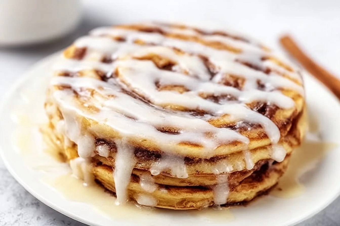 Cinnamon Roll Pancakes with Cream Cheese Glaze 4 Delicious cinnamon roll pancakes topped with cream cheese glaze