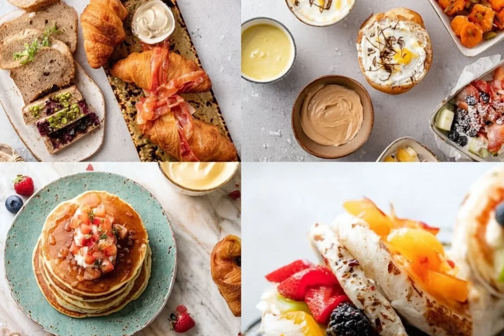 Delicious spread of comforting Sunday breakfast dishes on a wooden table.